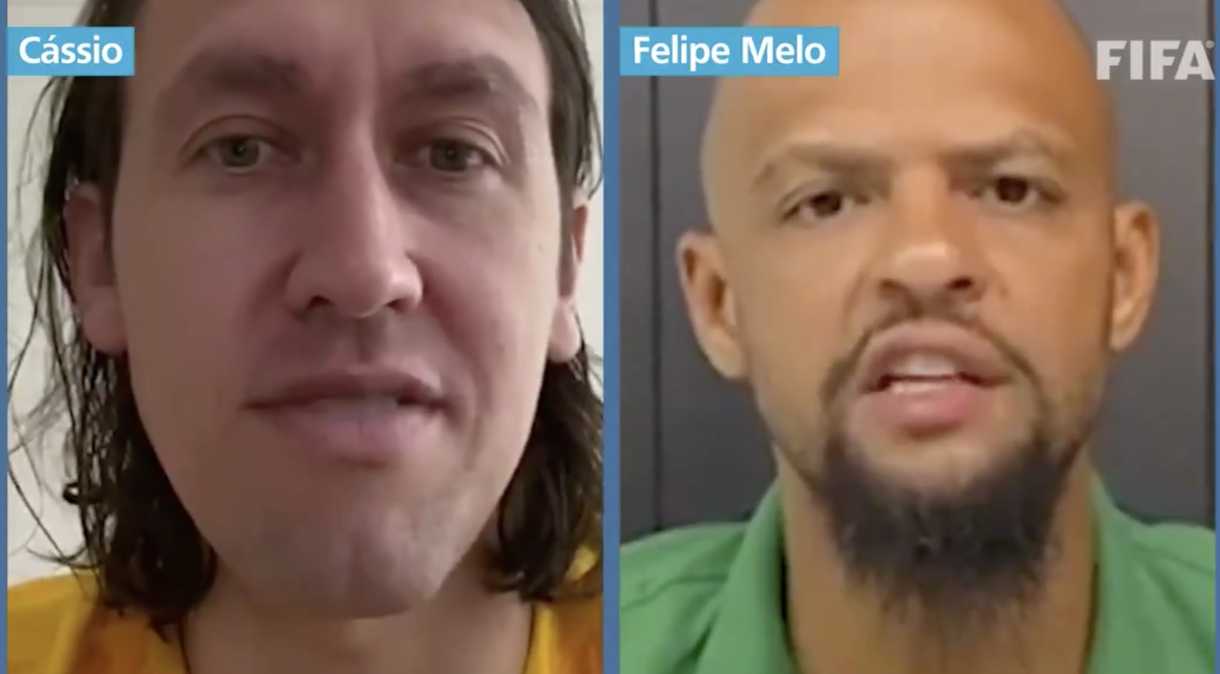 Goleiro Cássio e zagueiro Felipe Melo gravam vídeo juntos estimulando a população, que está em casa de quarentena, não deixe a preparação física de lado