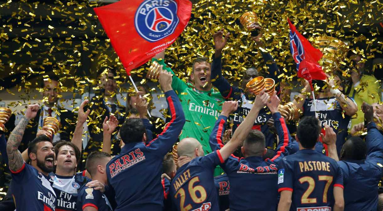 Jogadores do PSG comemoram conquista da Copa da Liga francesa de 2014